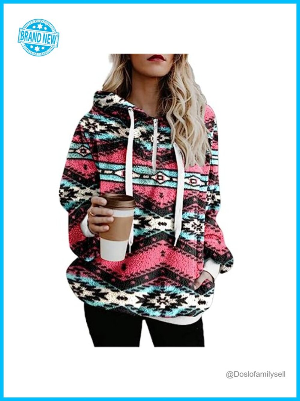 Women's Half Zip Aztec Tribal Print Hooded Fuzzy Fleece Sweatshirt